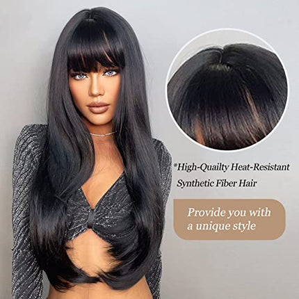 HAIRCUBE Lungo diritto con frange Parrucche per le Donne Natura Resistente al calore Fibra sintetica Parrucche con Pony Cosplay quotidiano (nero)