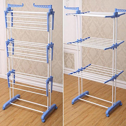 BAKAJI Stendino Stendibiancheria a Torre in Acciaio e ABS di Grande Capacità Modulabile Pieghevole Salvaspazio Richiudibile Stendino Biancheria Antiurto (Blu e bianco)