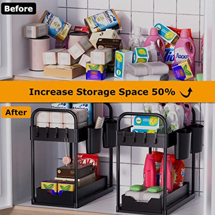 Organizer Sottolavello Cucina 2 Livelli, Organizzatore Sotto il Lavandino con 2 Maniglie, Scorrevole Scaffale Portaoggetti con 4 Ganci e 2 Tazza Appesa, Estraibile Cassetti per Bagno (Nero-2Pezzi)