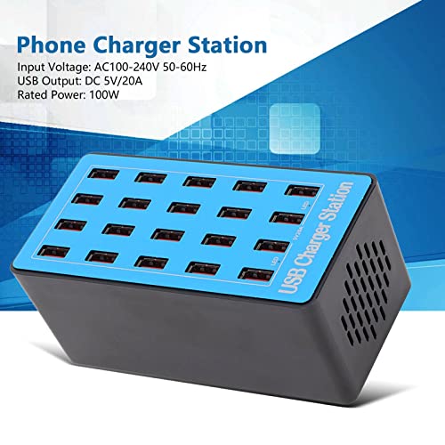 Stazione di Ricarica USB, Caricatore Rapido 100 W 5 V 20 A Ricarica Rapida 20 Porte Hub USB Stazione di Ricarica con Ventola di Raffreddamento da 50 Gradi per Telefoni, Tablet e Altri Elettronica