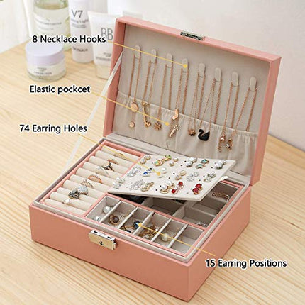 EKKONG Scatola Portagioie per Donna, Scatola Porta Gioielli in Pelle con Serratura da Viaggio 2 Strati Organizer Portagioie Salvaspazio,Piccolo Portagioie da Viaggio Portagioie (Pink)