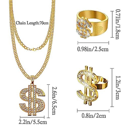 Accessori Rapper, Costume Hip Hop, Hip Hop Set Catena Placcata Oro, Collana Dollaro Collana Piatta Oro Anello Dollaro Travestimento Accessossi per festa a tema 80 anni '90 Concerti Cosplay Carnevale