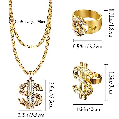 Accessori Rapper, Costume Hip Hop, Hip Hop Set Catena Placcata Oro, Collana Dollaro Collana Piatta Oro Anello Dollaro Travestimento Accessossi per festa a tema 80 anni '90 Concerti Cosplay Carnevale