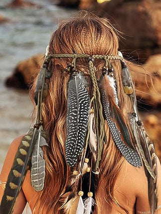 Yean Fascia per capelli stile bohémien, con nappa, stile hippie, stile indiano con piume, accessorio tribale, per donne e ragazze