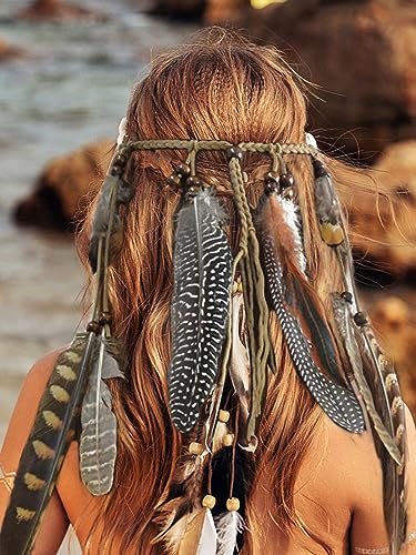 Yean Fascia per capelli stile bohémien, con nappa, stile hippie, stile indiano con piume, accessorio tribale, per donne e ragazze