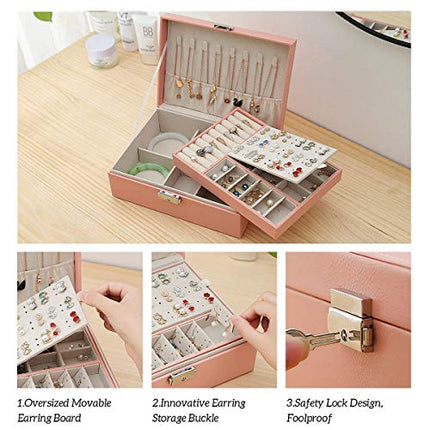 EKKONG Scatola Portagioie per Donna, Scatola Porta Gioielli in Pelle con Serratura da Viaggio 2 Strati Organizer Portagioie Salvaspazio,Piccolo Portagioie da Viaggio Portagioie (Pink)