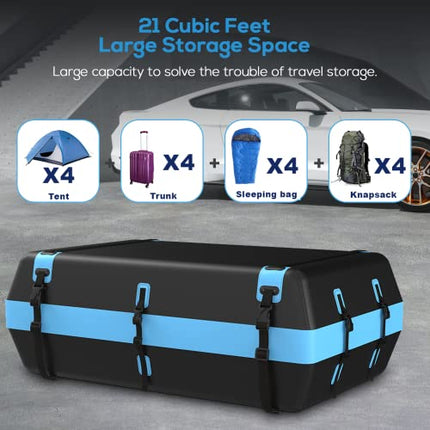 Box da Tetto Auto 595L Impermeabile Borsa da Tetto 21 Piedi Cubici Pieghevole Borsa Portapacchi Tetto Universale Adatto a Tutti i Veicoli con/senza Portapacchi Auto con Tappetino Antiscivolo + 6 Ganci