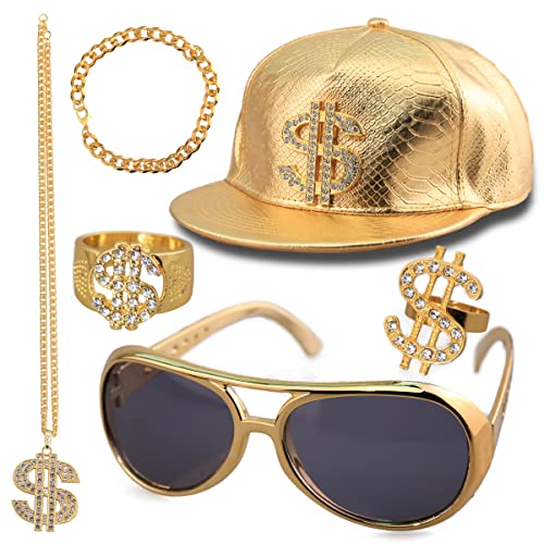 Kit Di Costume Hip Hop, Set Accessori 80s 90s Rapper Costume, 1 Pezzo Collana Dollaro, 2 Pezzi Anelli Dollaro, 1 Pezzo Bracciali, 1 Pezzi Cappello con 1 Coppia di Occhiali da Sole per Uomini