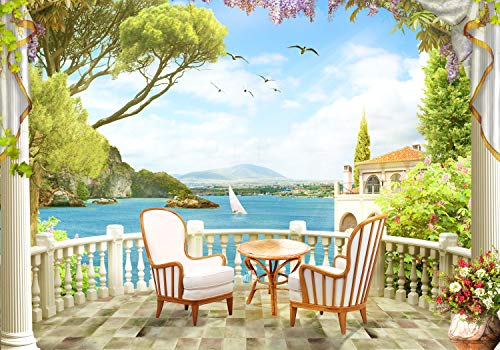 wandmotiv24 Carta da parati Balcone Villa Lake XS 150 x 105 cm - 3 parti Carta da parati fotografica, murale, carta da parati a motivi, carta da parati in tessuto non tessuto M1071