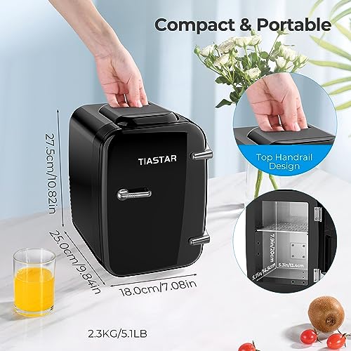 Tiastar Mini Frigo Portatile, 4 Litri /6 Lattine di Bevande e Cura Della Pelle Mini Frigorifero per Camera da Letto, Auto, Scrivania dell'ufficio, Due Marce - Raffreddatore e Scaldino (Nero)