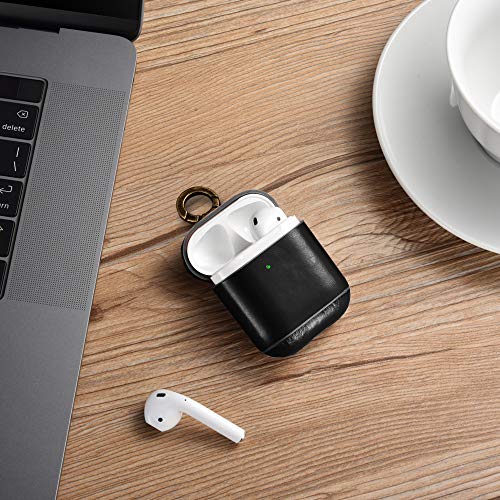 Custodia AirPods, Icarer Vera Pelle Antiurto Portatile Ultra Leggero Protettiva Cover Custodia in Pelle con Portachiavi per Apple AirPods 1&2 (LED anteriore Visibile) Ricarica Case (Nero)