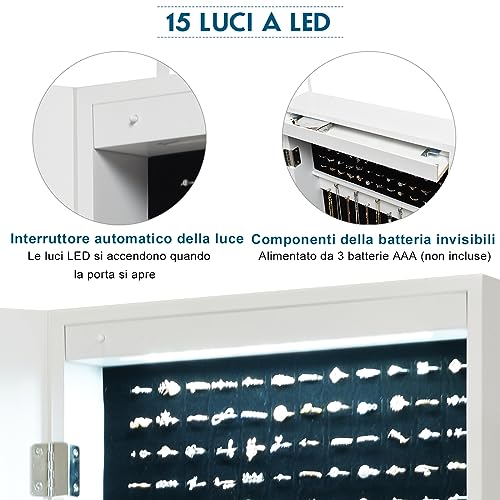 COSTWAY Armadietto Portagioie Specchio per Gioielli con Luci LED, Specchiera da Porta e Muro, per Figura Intera, 120x37x9,6cm