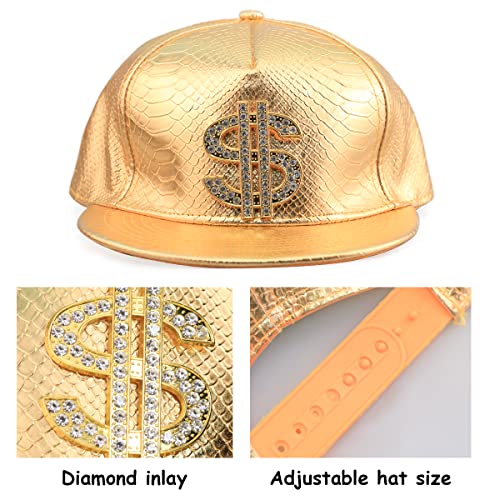 Kit Di Costume Hip Hop, Set Accessori 80s 90s Rapper Costume, 1 Pezzo Collana Dollaro, 2 Pezzi Anelli Dollaro, 1 Pezzo Bracciali, 1 Pezzi Cappello con 1 Coppia di Occhiali da Sole per Uomini