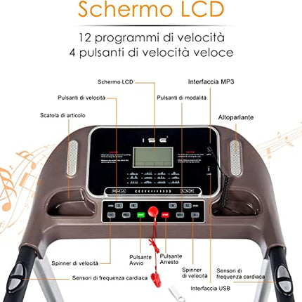 ISE Silenzioso Tapis Roulant Pieghevole Elettrico, Motore 1,5HP con Velocità Regolabile Fino 14Km/H, con 12 Programmi di Preimpostati e Schermo LCD USB, Allenamento Cardio,Tapirulan Elettrico SY-T2708