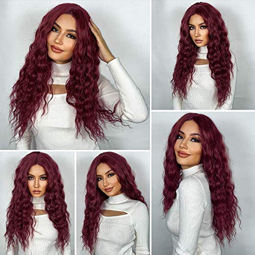 Parrucca riccioli rosso vino per le donne ricci lunghi ricci sintetici in pizzo parrucche 130% densità naturale Wig Afro donne peruzzi DE067C