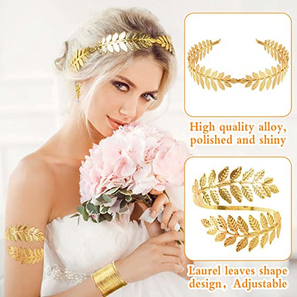 5 Pezzi Corona Della Dea Oro, Foglia Corona Capelli Accessori da sposa, Dea Greca Costume Accessori Braccialetto Orecchini Copricapo per Donne in Festa di Nozze Uso Quotidiano di Halloween