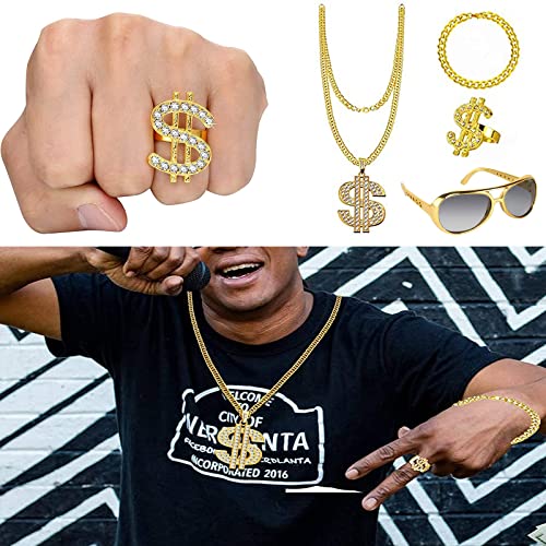 4 Pezzi Accessori Rappe, Kit di Costumi Hip Hop Set, Hip Hop Travestimento Accessossi, Hip Hop Dollaro Collana, per Uomo Donna Boom Box Rapper Hip Hop Festa Carnevale