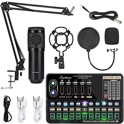 Asmuse Microfono a condensatore Bundle BM-800 Streaming Equipment Mic Kit con scheda audio dal vivo, stand microfono regolabile, kit microfono per la registrazione/trasmissione/streaming