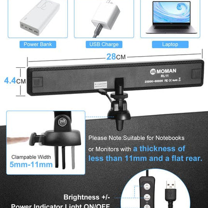 Moman Lampada Monitor, RL11 USB Lampada per Monitor di Notebook Laptop, Luce LED da Lettura con Protezione per Gli Occhi Luminosità e Temperatura Colore regolabili, Lampada-Monitor-Laptop-LED-Luce