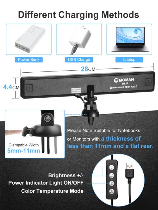 Moman Lampada Monitor, RL11 USB Lampada per Monitor di Notebook Laptop, Luce LED da Lettura con Protezione per Gli Occhi Luminosità e Temperatura Colore regolabili, Lampada-Monitor-Laptop-LED-Luce