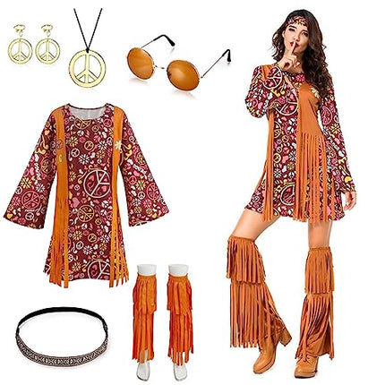Gohytal Costume Hippie da Donna Anni '70 Anni '80, con Giubbotto con Frange Orecchini con Simbolo Della pace e Degli Anni '70 per Costume da Carnevale da Donna, Karneva Discoteca, Festa in Costume-M