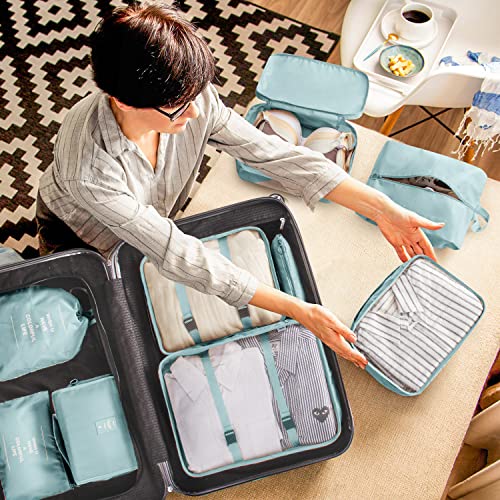 Rieeyrslza Organizer Valigie Set di 9 Essential Organizer Borse da Viaggio Sistema di Cubo di Viaggio Organizzatori Cubi per Luggage Include Cosmetici Abbigliamento Calzature Set da Viaggio (Azzurro)