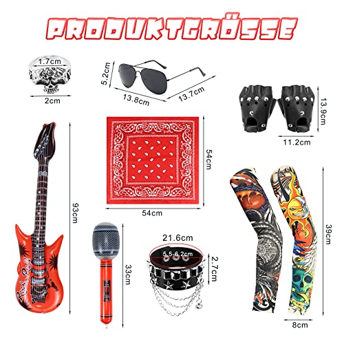 Dreamtop 10 pezzi Punker Costume Accessori Punk Gothic Rocker Kit Uomo Rock Star Punker Kit 70s 80s 90s Disco Rocker Travestimento Accessori Gonfiabile Chitarra Microfono Rocker Kit