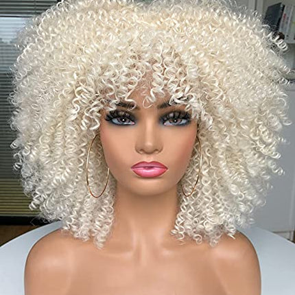 Parrucca afro Kinky biondo per le donne parrucche corte ricci per le donne sintetiche Wig con frangia parrucca riccia naturale 613# DE036M