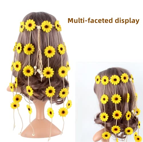 Accessori per Capelli di Girasole, Fascia per Capelli Hippie Ghirlanda Floreale Boho con perline Loop regolabile per ragazze donne bambini matrimonio viaggio partito Haarband mit gelben Gänseblümchen