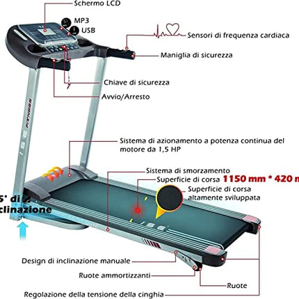 ISE Silenzioso Tapis Roulant Pieghevole Elettrico, Motore 1,5HP con Velocità Regolabile Fino 14Km/H, con 12 Programmi di Preimpostati e Schermo LCD USB, Allenamento Cardio,Tapirulan Elettrico SY-T2708