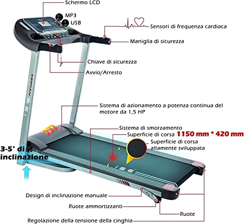 ISE Silenzioso Tapis Roulant Pieghevole Elettrico, Motore 1,5HP con Velocità Regolabile Fino 14Km/H, con 12 Programmi di Preimpostati e Schermo LCD USB, Allenamento Cardio,Tapirulan Elettrico SY-T2708