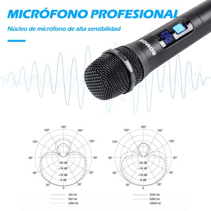 BOMGE Sistema di microfoni wireless, Pro 4 canali cordless set con quattro microfoni portatili, frequenza fissa, lunga autonomia 60 m, ideale per chiesa, karaoke, eventi