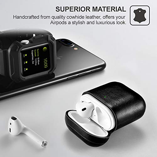 Custodia AirPods, Icarer Vera Pelle Antiurto Portatile Ultra Leggero Protettiva Cover Custodia in Pelle con Portachiavi per Apple AirPods 1&2 (LED anteriore Visibile) Ricarica Case (Nero)