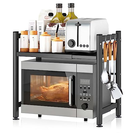 DICLLY Mensola Microonde Estensibile 2 Livelli,Scaffale Cucina Regolabile in Acciaio Carbonio (36,5-60,5cm),Organizer Salvaspazio con 4 Ganci,Carico fino a 25kg,Adatto per Forno a Microonde (Nero)