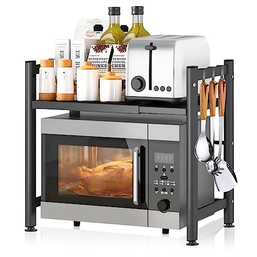 DICLLY Mensola Microonde Estensibile 2 Livelli,Scaffale Cucina Regolabile in Acciaio Carbonio (36,5-60,5cm),Organizer Salvaspazio con 4 Ganci,Carico fino a 25kg,Adatto per Forno a Microonde (Nero)