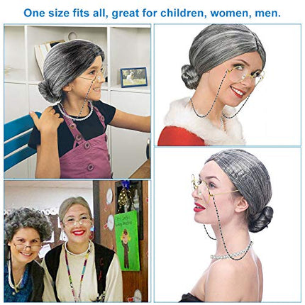 EMAGEREN Kit Parrucca da Nonnina per Travestimento Grigio Nonna Parrucca Nonna Occhiali Collana di Perle Artificiali Gioielli Parrucca Realistica ed Elegante per Feste, Cosplay e Costumi