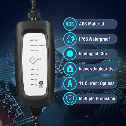 EVIEUN ev Cavo di Ricarica,ev Charger Tipo 2 Portatile Standard Europeo con Scatola Commutabile 6-16A Schuko 2 Pin (Spina di Euro) 3.6KW,19.86ft