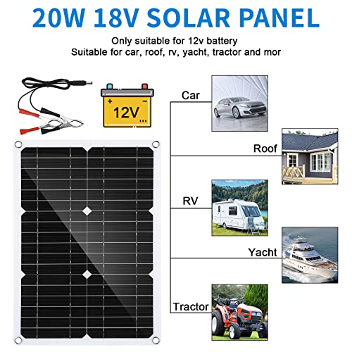 icyant Kit Pannello Solare Pannello Solare Monocristallino 20W 18V con Regolatore di Carica Solare 40A + Cavo a Coccodrillo Kit di Energia Solare Impermeabile per Auto, Camper, Barca, Tetto, Camper