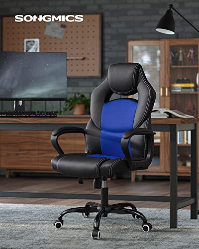 SONGMICS Sedia da Ufficio, Sedia da Gaming Ergonomica, Meccanismo Oscillante, Altezza Regolabile, Sedia da Scrivania per i Sedentari, Traspirante, Nero e Blu OBG025Q01