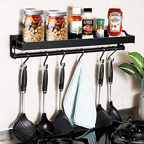 MUOIVG Mensole Cucina,Mensola Organizer con 6 ganci rimovibili, Porta Utensili da Cucina, porta spezie da parete,organizer cucina， Alluminio, Finitura Opaca,per corridoio bagno cucina