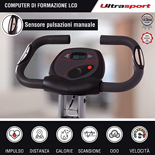 Ultrasport F-Bike, Bicicletta Trainer, Fitness Bicicletta LCD Computer allenamento, Cyclette pieghevole, Max. Peso 110 kg, misurazione pulsazioni, 8 livelli resistenza, ruota rifinitura, Argento/Nero