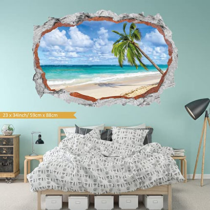 HPNIUB Spiaggia di Palme Adesivo da parete,90x60cm Adesivi da parete Effetto 3d,Adesivi Murali Rotto per Soggiorno,3D Palma Parete Muro,Paesaggio Decalcomanie per Camera da Letto Cameretta Decor