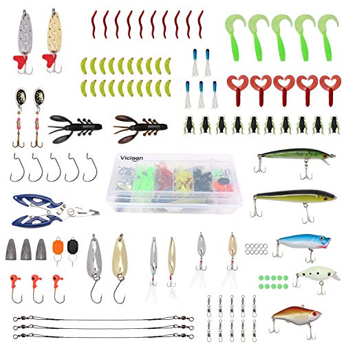 Vicloon Esche da Pesca, 120 Pezzi Esche Artificiali da Pesca Contiene Crankbaits, Stickbait, Esche, Vermi, Esche Dure, Ganci Singolo, Pinze, ECC