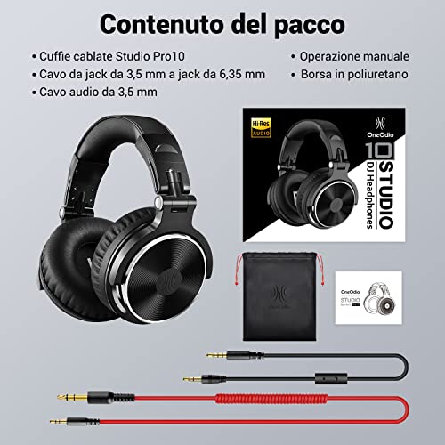 OneOdio Pro 10 Cuffie Over Ear, Cuffie Cablate con Shareporte Microfono, Jack 3,5 mm e 6,35 mm, Cuffie perRegistrazione, Mixaggio, Monitoraggio in Studio, DJ, Chitarra,Podcast, Cellulare, PC