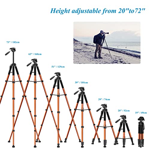 Victiv Treppiede per Fotocamera 182 cm Treppiede in Alluminio da Viaggio Treppiede Leggero e Compatto con Testa Girevole a 3 Vie per Riprese Panoramiche a 360 per DSLR YouTube Living Vlog -Arancia