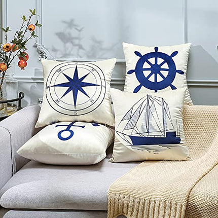 JOTOM Fodera per Cuscino Pianta da Fattoria Floreale Motivo Copricuscini in Velluto per Divano Casa Soggiorno Camera da Letto Decorazione della Casa, 45x45 cm, Set 4 Pezzi (Ancora Barca a Vela)