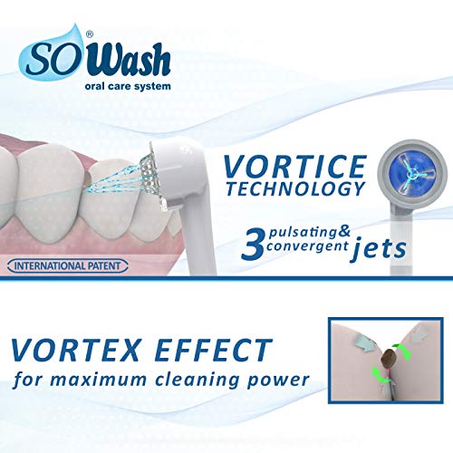 Idropulsore Dentale SoWash | Trio | Si Collega al Rubinetto | Irrigatore Dentale Senza Batterie e Elettricità | 1 Testina Vortice + 1 Testina Vortice Brush + 1 Testina Idrogetto | Prodotto Italiano