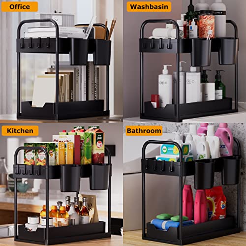 Organizer Sottolavello Cucina 2 Livelli, Organizzatore Sotto il Lavandino con 2 Maniglie, Scorrevole Scaffale Portaoggetti con 4 Ganci e 2 Tazza Appesa, Estraibile Cassetti per Bagno (Nero-2Pezzi)