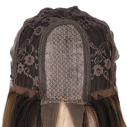 Parrucca da donna marrone lunga liscia parrucche dritte per donne/ragazze/afro naturale radice scura parte centrale in pizzo marrone scuro parrucca anteriore Wig circa 74 cm 27 pollici DE066E