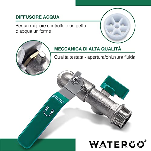 WATERGO Rubinetto 1/2 Pollici (Verde) – Doppio Rubinetto in Ottone per Giardino e Casa | Doppia Valvola a Sfera incl. Nastro Sigillante, Anelli di Tenuta, 2 Connettori per Tubo Flessibile e Ebook